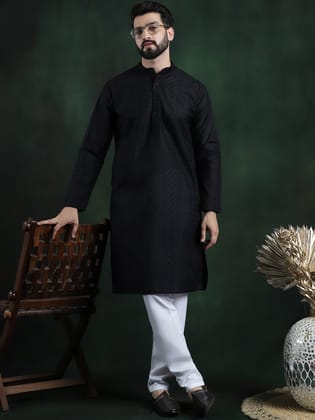 Men's Cotton Thread embroidered Black Kurta With White Churidaar Pyjama-36