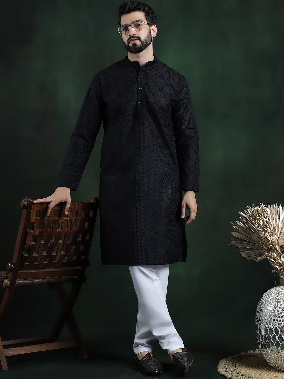 Men's Cotton Thread embroidered Black Kurta With White Churidaar Pyjama-36