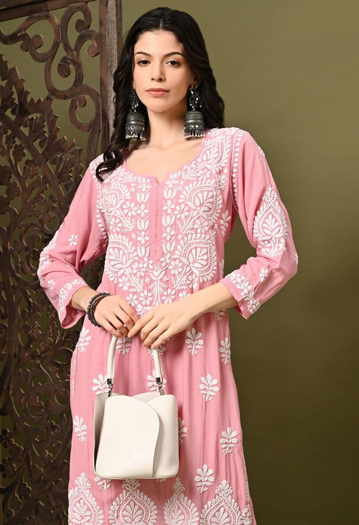 Chikankari (3D) Work on Modal Fabric-Pastel Pink