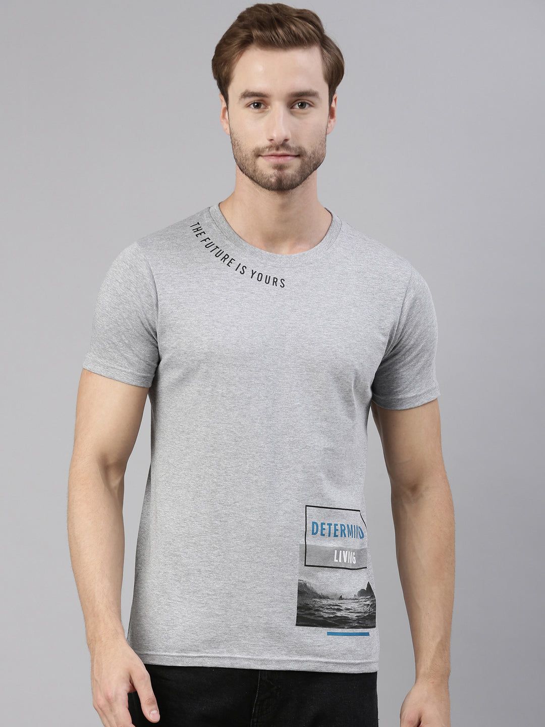 Grey Printed Crew Neck Tshirt-S