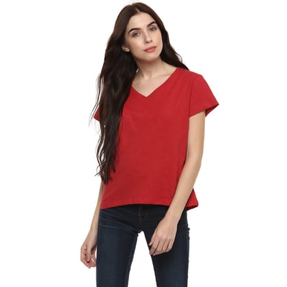 Women's V Neck Top - Brick Red (No Exchange No Return)-S / Brick Red