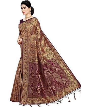 NENCY FASHIONS Banarasi Silk Saree With Unstitched Blouse Piece ( Purple )