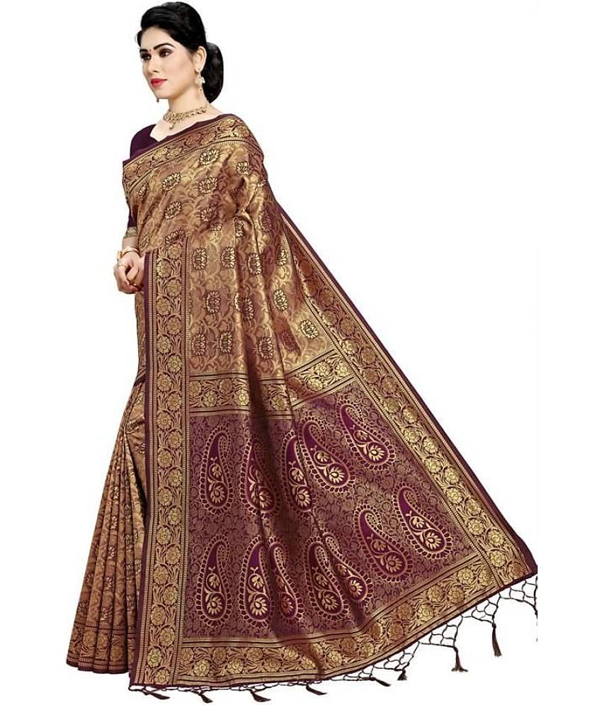 NENCY FASHIONS Banarasi Silk Saree With Unstitched Blouse Piece ( Purple )