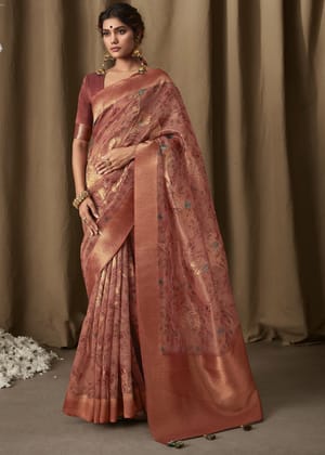 Rustic Maroon Woven Banarasi Brocade Tissue Silk Saree With Floral Print