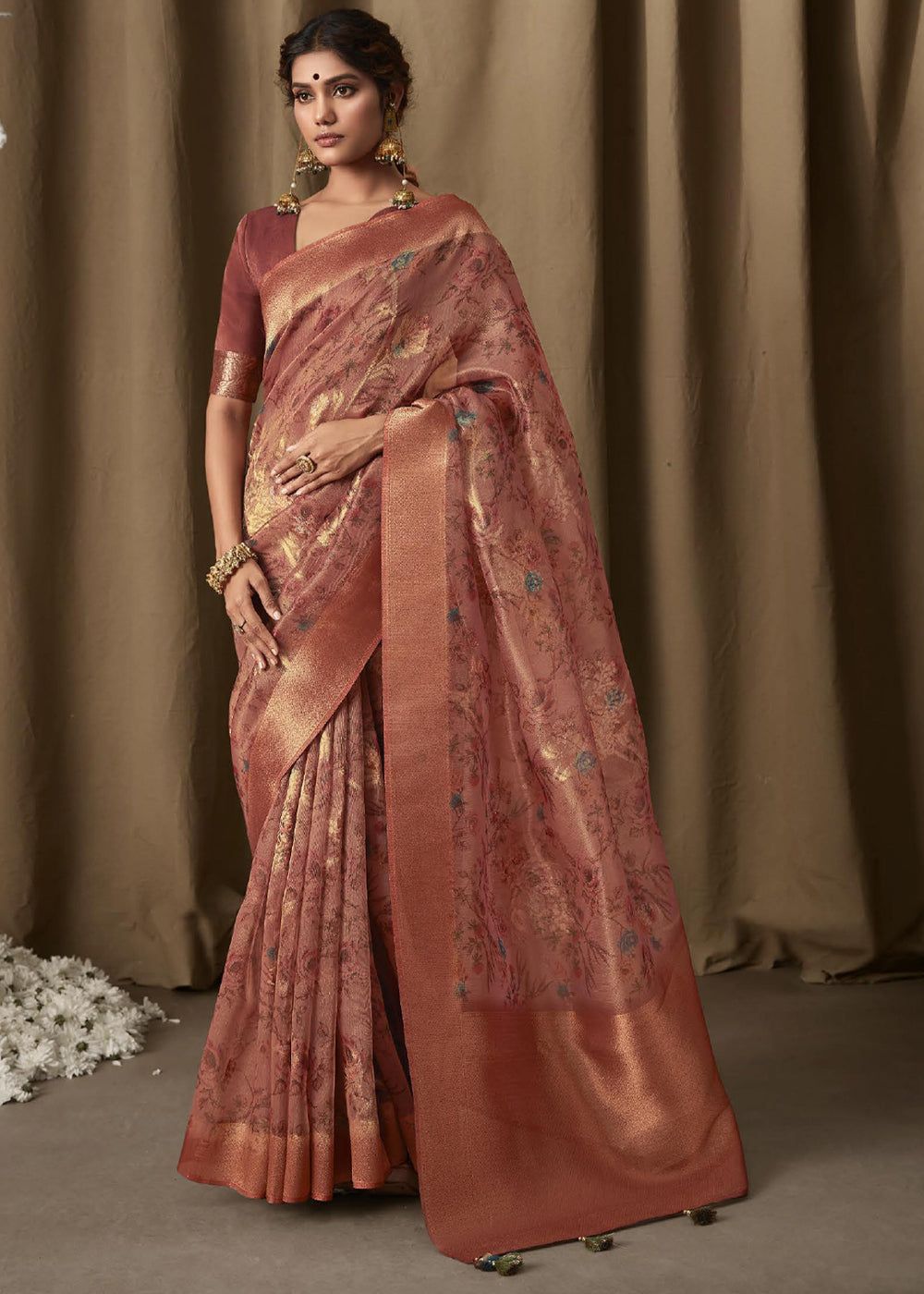 Rustic Maroon Woven Banarasi Brocade Tissue Silk Saree With Floral Print
