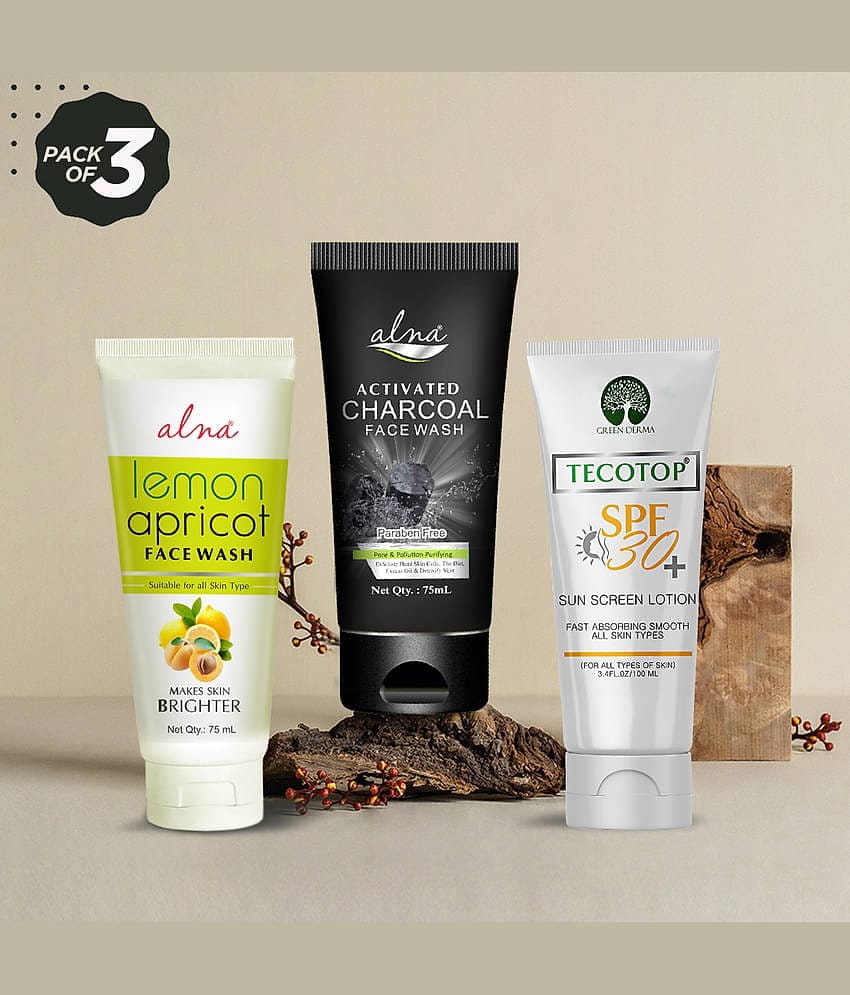 Alna Lemon Apricot Face Wash with Charcoal Face Wash 75ml Each & Tecotop SPF 30+ 100ml , Pack of 3