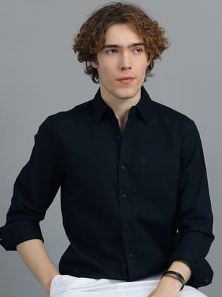 Textured Men Shirt, Regular Fit, Pure Cotton, Full Sleeve, Dark Navy Blue-S