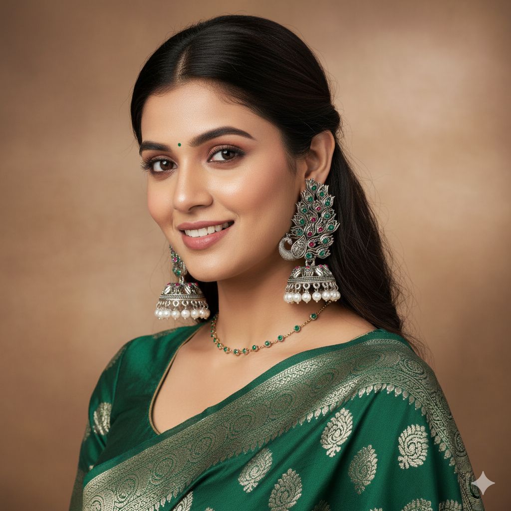 Ethnic Peacock Jhumka Earrings - Oxidized Silver with Ruby & Emerald Stones and Pearl Danglers