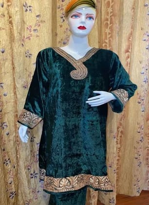 Pure Makhmal Embroidered Phiran in bottle greens