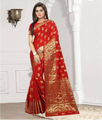 Gazal Fashions Silk Blend Printed Saree With Unstitched Blouse Piece ( Red )