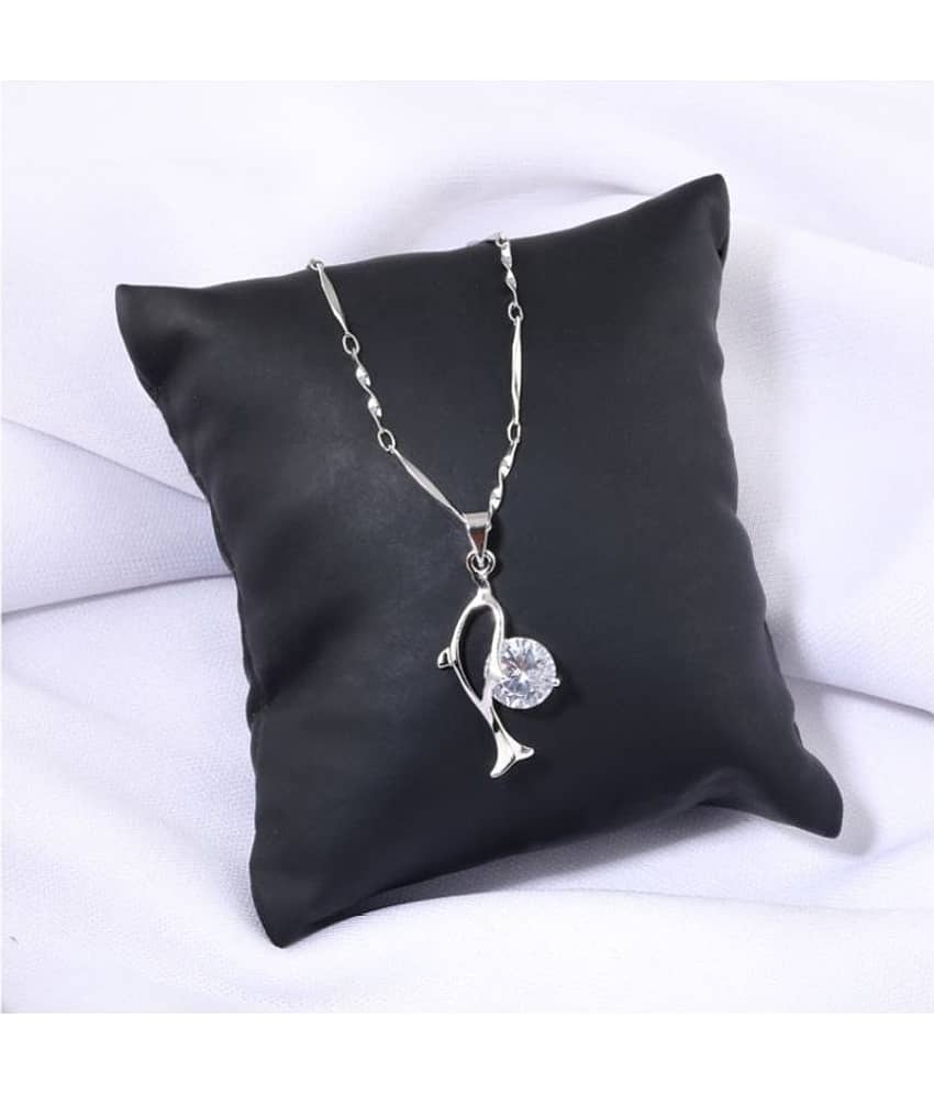 Silver Plated chain With Dolphin Shape Solitaire Diamond Pendant  For Women