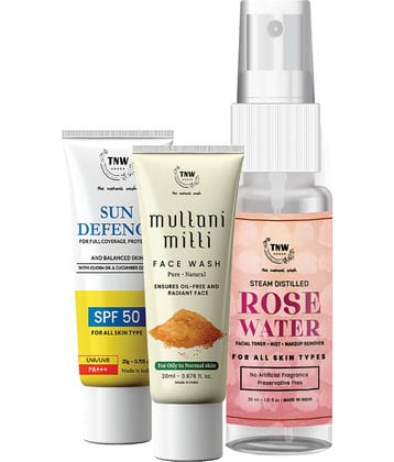 TNW The Natural Wash Rose Water 10ml, Sun Defence SPF 50 Cream 20gm and Multani Mitti Face Wash 20ml Combo