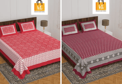 2201-Hometrade India- Standard Double Size (90*100 in )-Combo Jaipuri Double bedsheet With Matching Pillow Cover