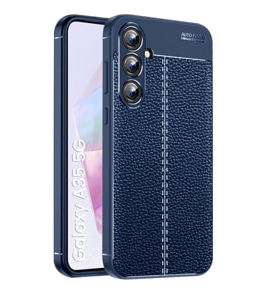 Vegan Leather Rugged Flexible TPU Series Shockproof Armor Back Cover for Samsung Galaxy A35 5G, 6.6 inch, Blue