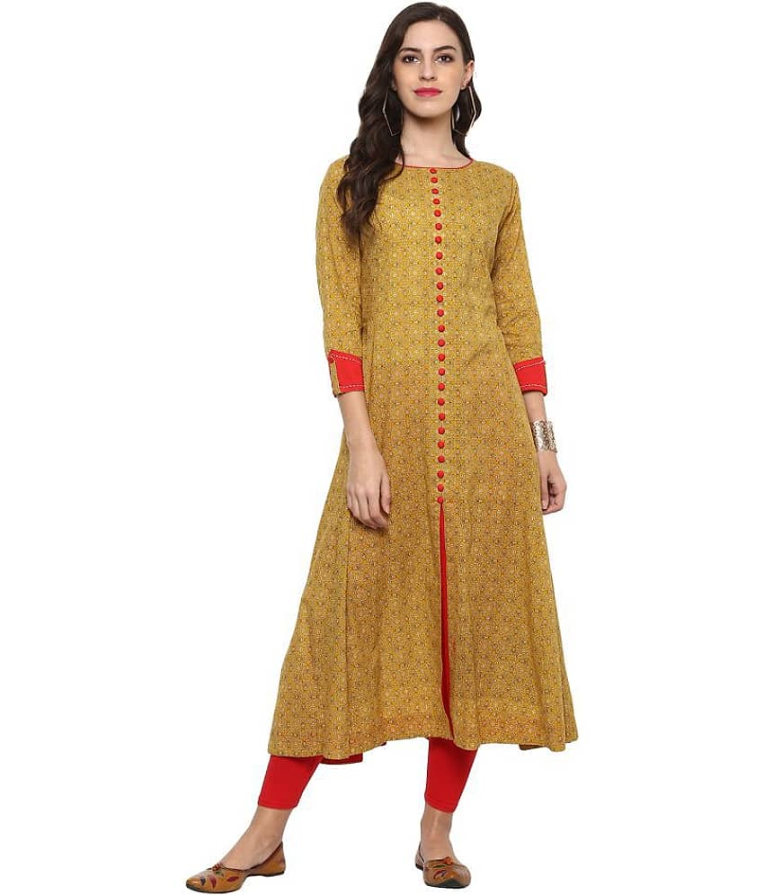 Yash Gallery Pack of 1 Cotton Printed Anarkali Women's Kurti - ( Yellow )