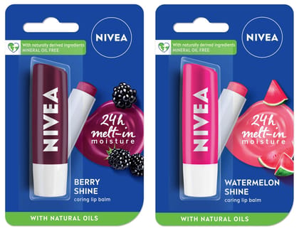 NIVEA Lip Balm, Fruity Watermelon Shine, 4.8g & Nivea Lip Balm, Fruity Berry Shine, 4.8G,Purple NIVEA Lip Balm, Fruity Watermelon Shine, 4.8g & Nivea Lip Balm, Fruity Berry Shine, 4.8G,Purple - Watermelon / 4.8 g (Pack of 1)
