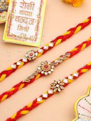 NVR Men Set of 3 Red & Yellow Kundan Studded Floral Design Thread Rakhi with Roli Chawal Chandan & Mishri-One Size / Red