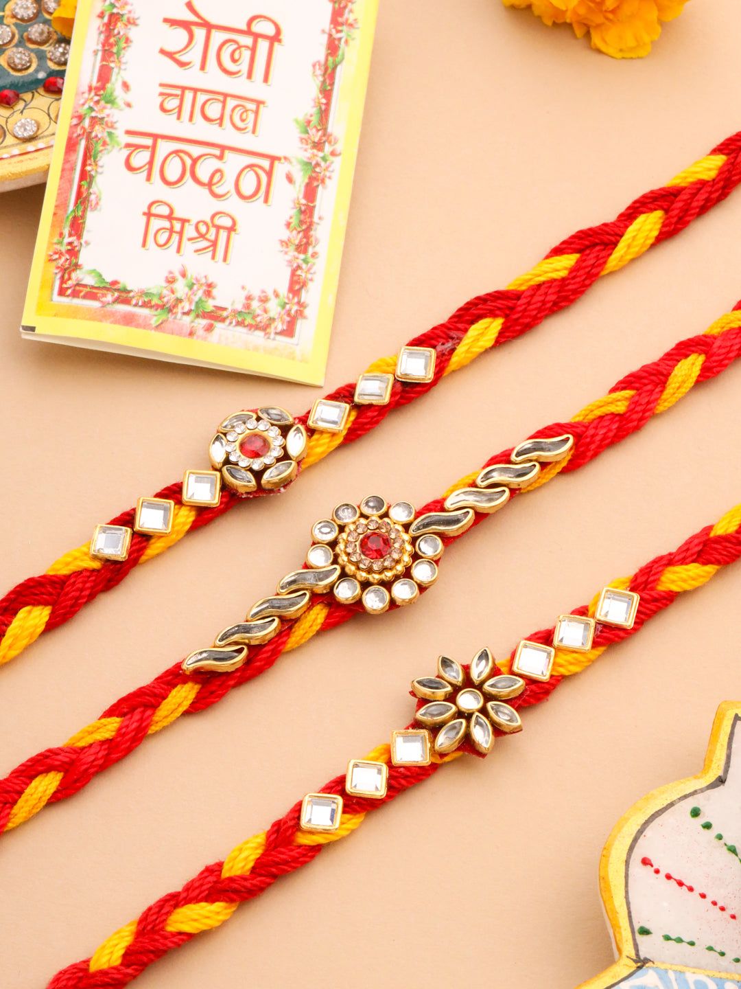 NVR Men Set of 3 Red & Yellow Kundan Studded Floral Design Thread Rakhi with Roli Chawal Chandan & Mishri-One Size / Red