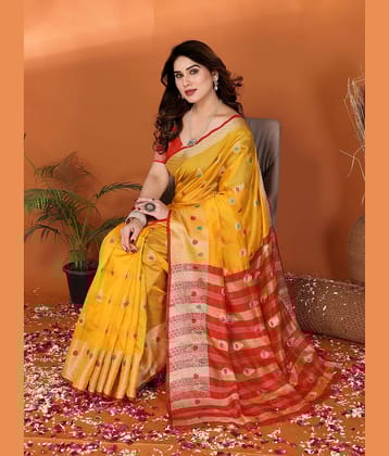 NightBlue Cotton Woven Saree With Unstitched Blouse Piece ( Yellow )