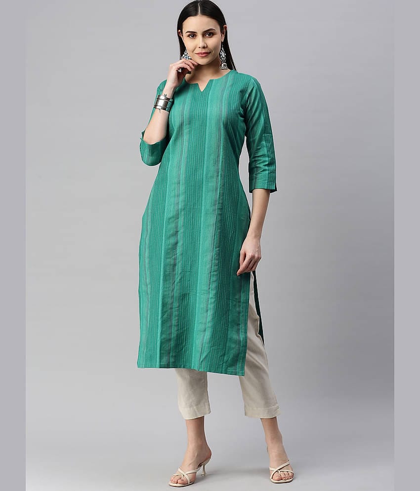 Hritika Cotton Blend Striped Straight Women's Kurti - Green ( Pack of 1 )