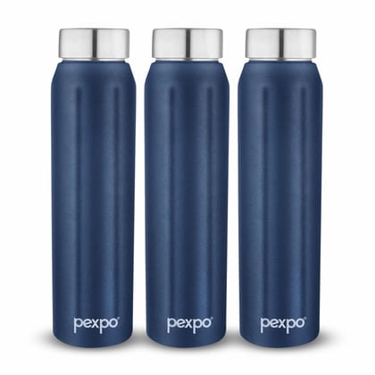PEXPO Stainless Steel Fridge Water Bottle | 1000ml, Pack of 3, Denim Blue | Eco-Friendly Water Bottle Suitable For Adults & Kids