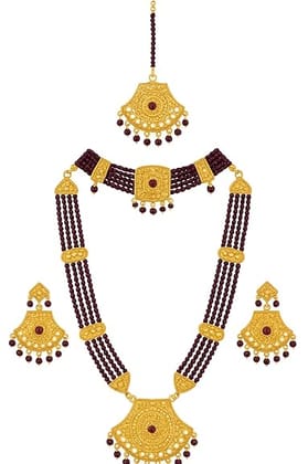 Traditional Gold Plated Necklace Set with Maroon Beads, Earrings, Choker, Maang Tikka, Indian Bridal Jewelry