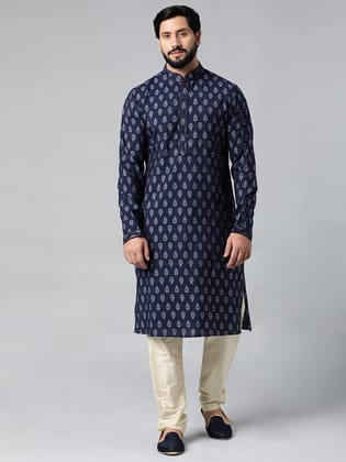 Navy Blue Block Printed Kurta Set-XS/36 / Only Kurta - No Lowers