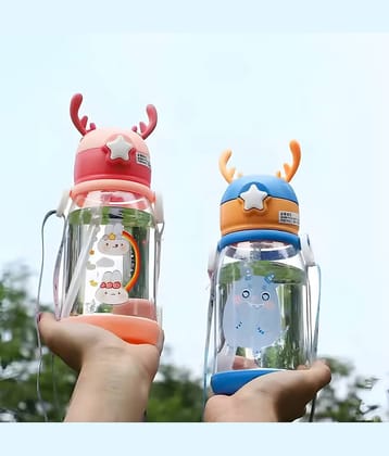 SARVASHVA TRENDS Cartoon Water Bottle with Straw Multicolour Plastic School Water Bottle 600 mL ( Set of 1 )