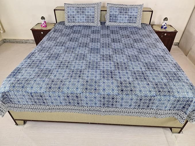 Bed Sheet Set with Pillow Covers,Size 210 x 226 cm, Blue and White, Best use at Single Bed and Deewan