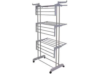 Clothes Drying Stand - 3 Tier (With 12 Clips), Stainless Steel, with Wheels