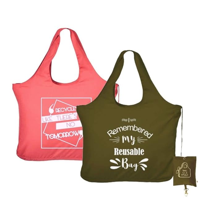 IVILLAGE Reusable Foldable Fabric Tote Bag Green Pink Pack of 2