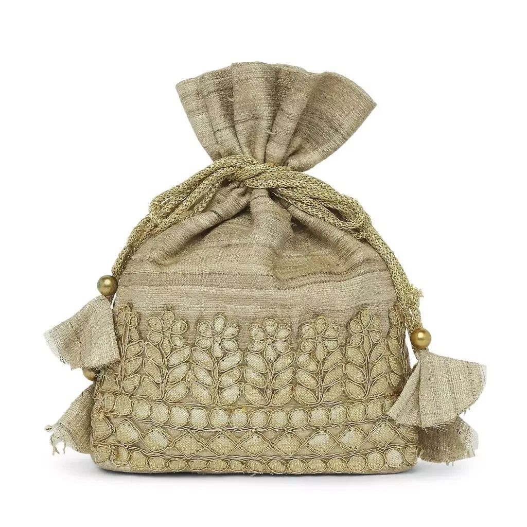 Tisser Ghicha (Tussar) Silk Potli Pouch With Hand Embroidered