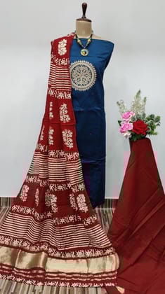 Neck mirror work Batik Work Dress Material-Blue