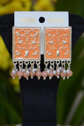 Peach colour rectangle shape meenakari stud-One Size