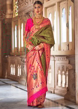 Antique Green Woven Paithani Silk Saree