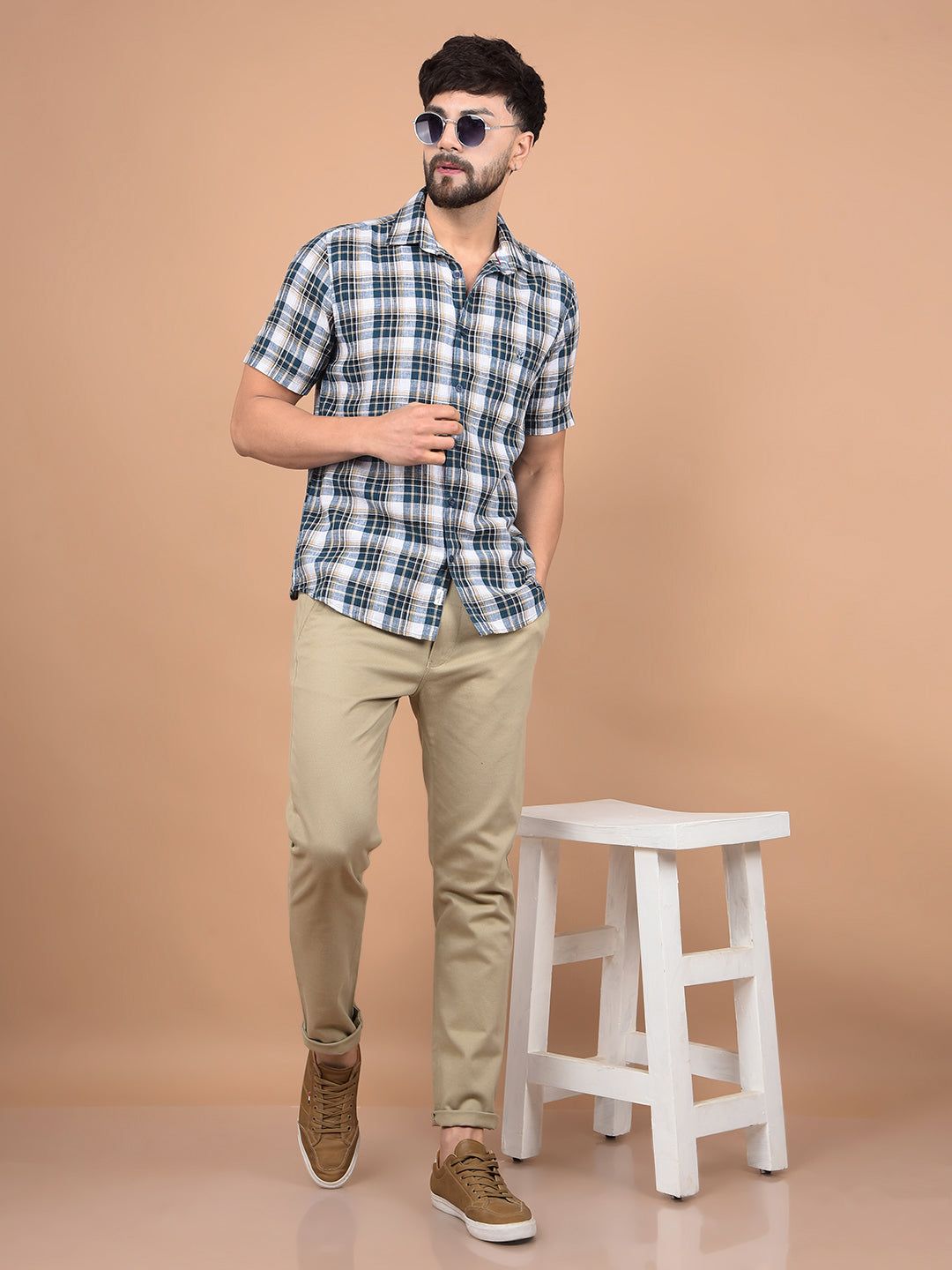 Green Checked Linen Shirt-M / Green