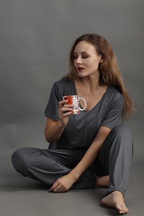 Solid Pyjama Night Suit Set -Grey-L / L / Grey