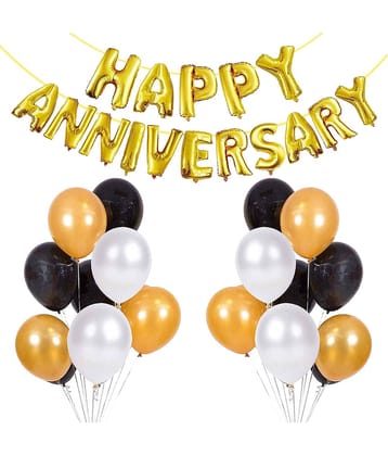 Kiran Enterprises Happy Anniversary (16 Gold Foil Letters) + 30 Metallic Balloons Combo (Black , Gold , Silver)