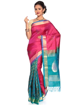 Pink-Turquoise Patli Pallu Saree - Kanchipuram Silk Saree | Patli Saree