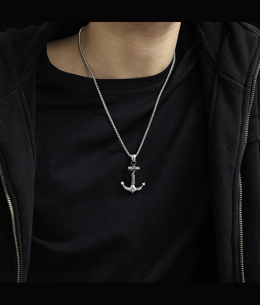 Thrillz Silver Chain Anchor Designer Chain Pendant For Men Boys Stylish Pendant Necklace Mens Jewellery (Style 1)