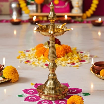 Brass Kerala Fancy Deepak, Oil Lamp No. 11  - Premium Brass Diya for Temple Lighting, Height : 13.9 Inch (FMAS642 E)