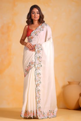 White Embroidered Tussar Silk Saree