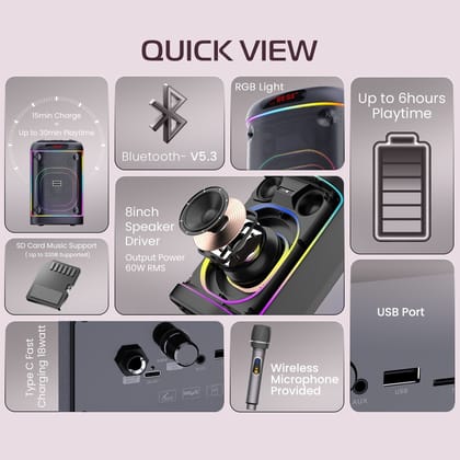 CELLECOR CBS-06 Boom Box | 8" Speaker Driver | BT v5.3 | SD Card Support | Wireless Microphone - Black