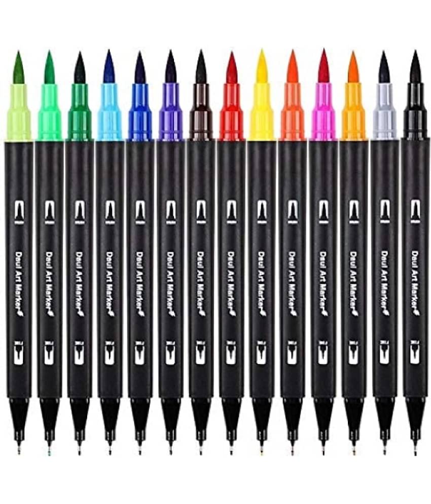 THR3E STROKES Art Markers Dual Tips Coloring Fineliner Color Water Based Marker Pens Set for Calligraphy Drawing Sketching Journal (BLACK, 12)