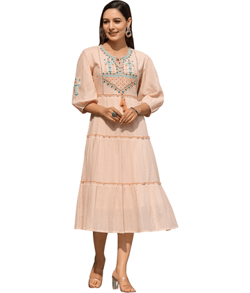 Juniper Women Cotton Blend Printed Fit & Flare Dress ( Peach )