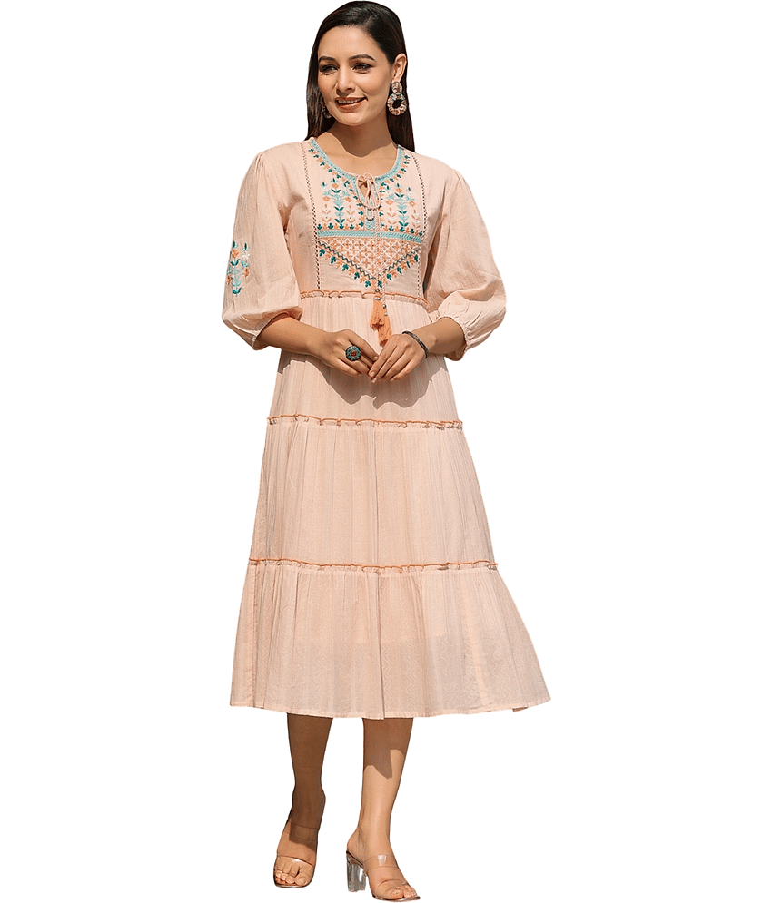 Juniper Women Cotton Blend Printed Fit & Flare Dress ( Peach )