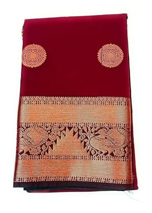 Traditional Maroon Soft Silk Saree with Gold Zari Border, Circular Butta Design