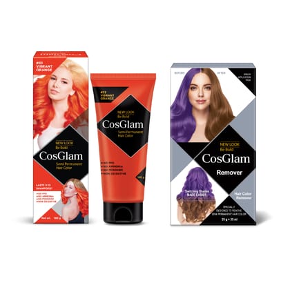 COSGLAM Semi Permanent Hair Color Vibrant Orange 120g and Hair Color Remover 70ml, Switching Shades Made Easy