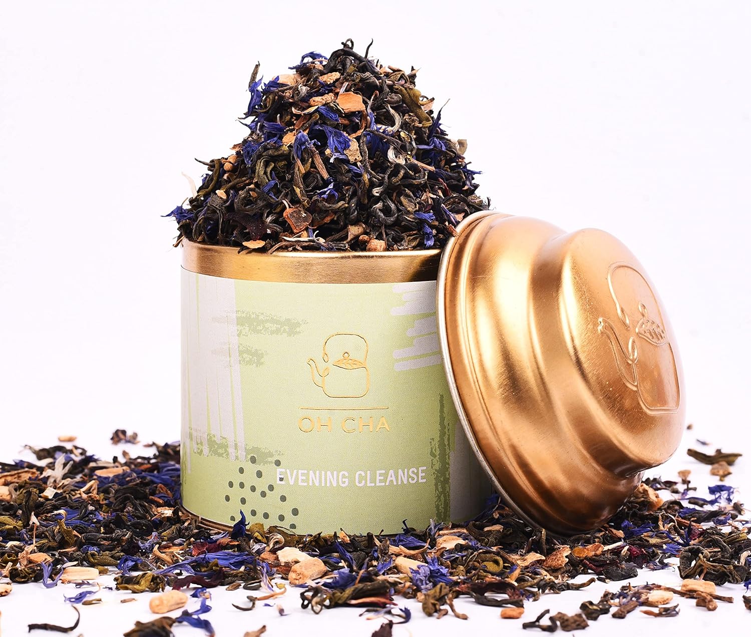 Oh Cha Green Tea, Evening Cleanse | Detox Green Tea with Brahmi, Shatavari, Cinnamon, Blue Cornflower, Hibiscus, Citric rinds | Cleanse Your Worries Away with Oh Cha | 100% Whole Green Tea, 35 gm