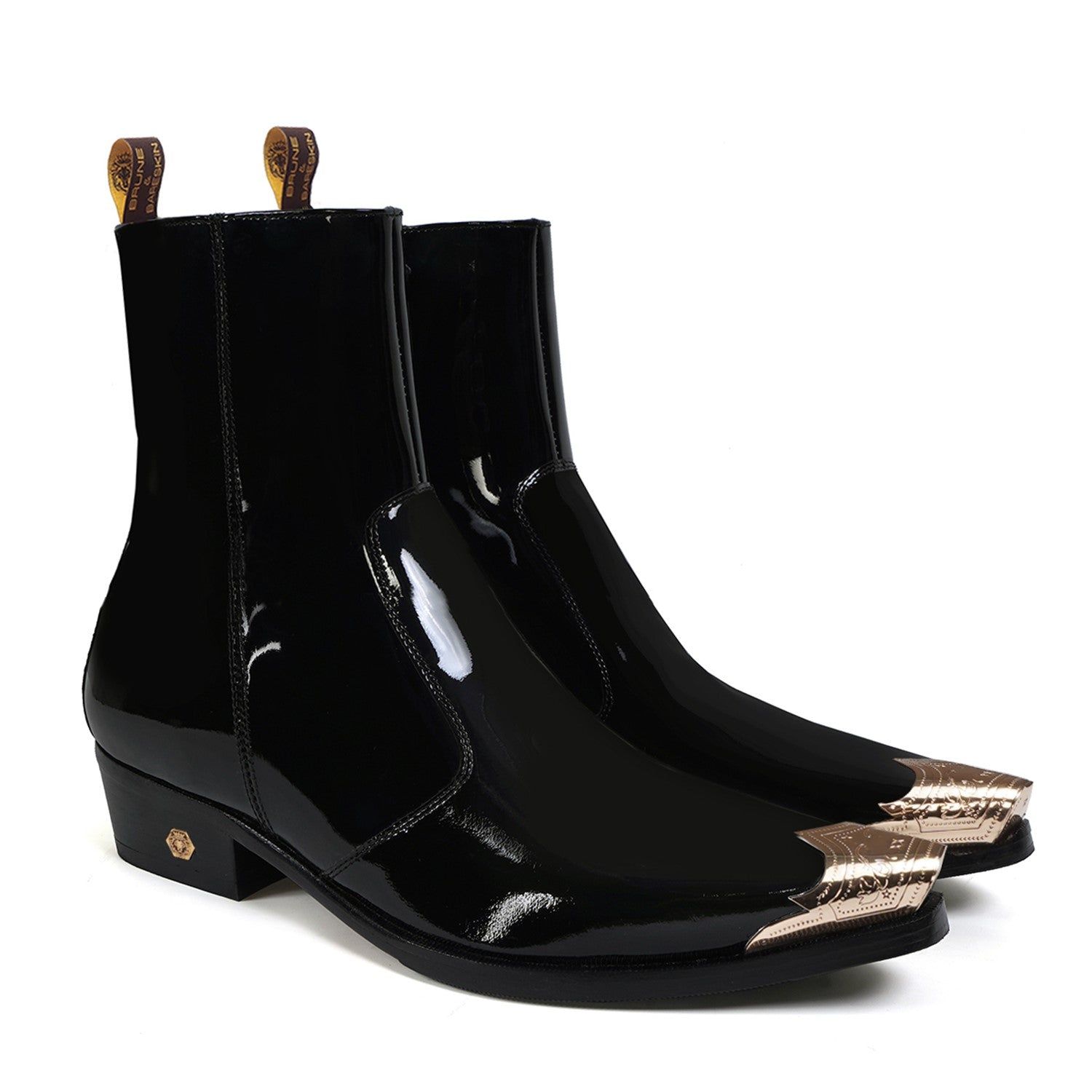 Black Patent Golden Metal Toe Cap Cuban Heel Leather Boots-40/6